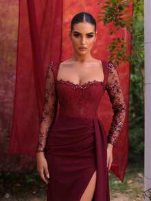 Glamrae Elegant Black Lace & Sequin Patchwork Sheer Long Sleeve See-Through Handmade Mermaid Side Slit Dress For Dates,Graduation,Weddings & Events - Burgundy - View 7