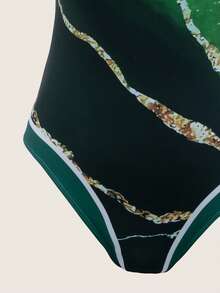 Swim Oasis 女士撞色不对称印花连体泳衣，夏季 - 綠色 - 查看 4