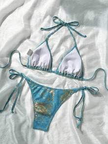 SHEIN Swim 女士吊带露背时尚夏季比基尼套装 - 藍色 - 查看 2