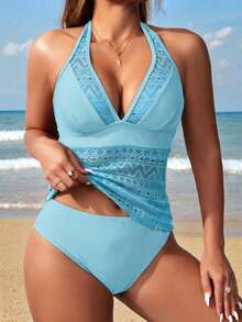 Swim Lushoire 女士纯色简约日常穿着吊带背心式泳衣 - 薄荷藍 - 查看 1