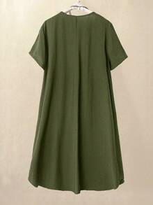 Linhara Vestido casual con botones y bordados para tallas grandes - Verde Oliva - Ver 2