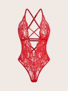 EmpressEnvy Floral Lace Scallop Trim Crisscross Teddy Bodysuit Lingerie Body Pizzolingerie Sexy>Redlace Bodysuitlingerie One Piecelingerie Set>Red - Red - View 6