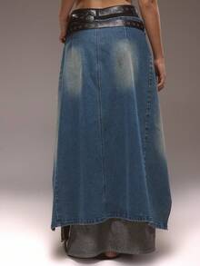 MUSERA Double Belt Detail Two Toned Denim Layered Maxi Skirt Winter Cute Streetwear Going Out Casual Western Born Faded - Multicolor - View 3