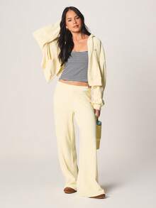 Missguided x Playboy Oversized Crop Zip Hoodie And Wide Leg Joggers Lounge Set Ribbed Knit Cozy Two Piece Matching Tracksuit For Comfort - Yellow - View 4