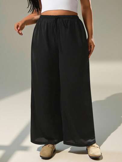 Auralis Plus Size Women Casual Retro Satin Pants, Versatile Brown Maillard Color, Suitable For Daily Wear, Office, Work, Party And Dates/Women's Mid-Waisted Casual Black And Brown Plus-Size Long Straight-Leg Trousers / Everyday Wear, Office Commuting, Work Bottoms / Party/Date Wear / Summer Everyday Wear / Smooth Fabric / Waistband Tie / Straight-Leg Trousers / Black Trousers