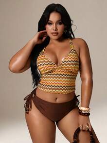 Auralis Conjunto de bikini de verano de talla grande con patrón ondulado retro y espalda cruzada a la moda - Multicolor - Ver 7