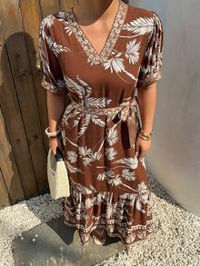 Dazy Plus Đầm maxi tay ngắn cổ chữ V phối màu tương phản cỡ lớn, đầm mùa hè phong cách boho, trang phục đi nghỉ mát cho nữ. - màu nâu - Xem 4
