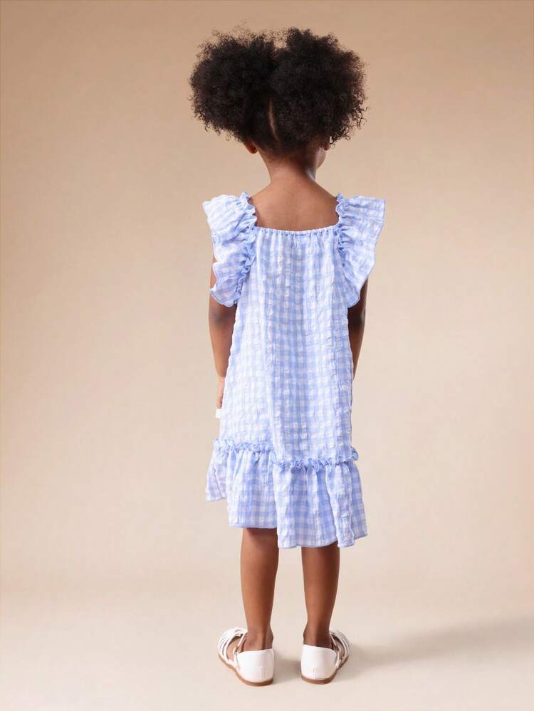 Square Neck Ruffle Gingham Check Dress
