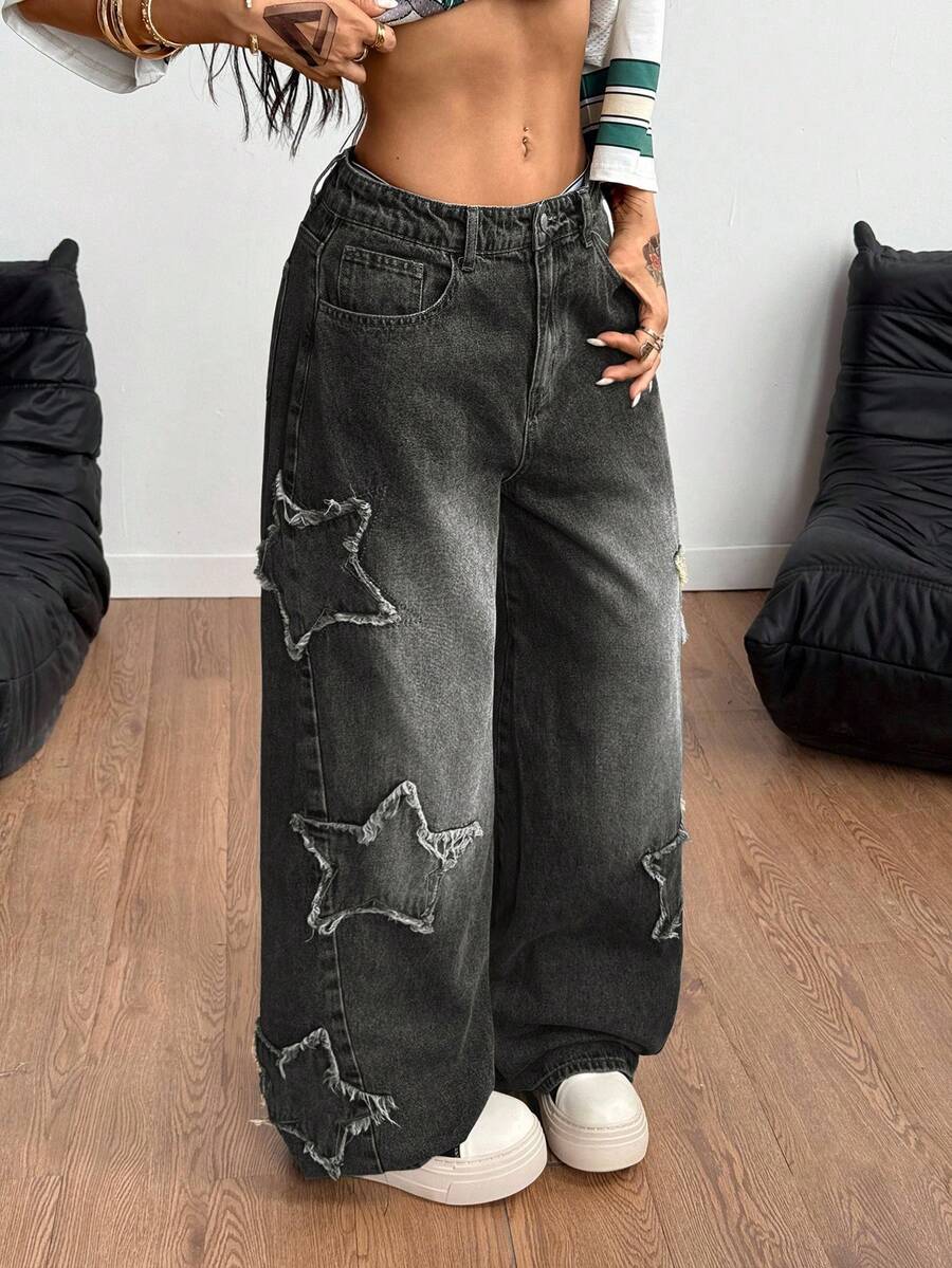 Coolane Women's Minimalist Everyday Denim Jeans With Star Pattern - Black - View 1