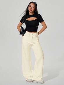 Jeanoix Jeans rectos de pierna con bolsillo en ángulo de unicolor, versátiles y casuales - Albaricoque - Ver 6