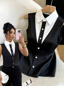 Selianne Women's Elegant Commuter Casual Black & White Collared V-Neck Single-Breasted Button Sleeveless Fitted Blouse, Spring/Summer - Black and White - View 1