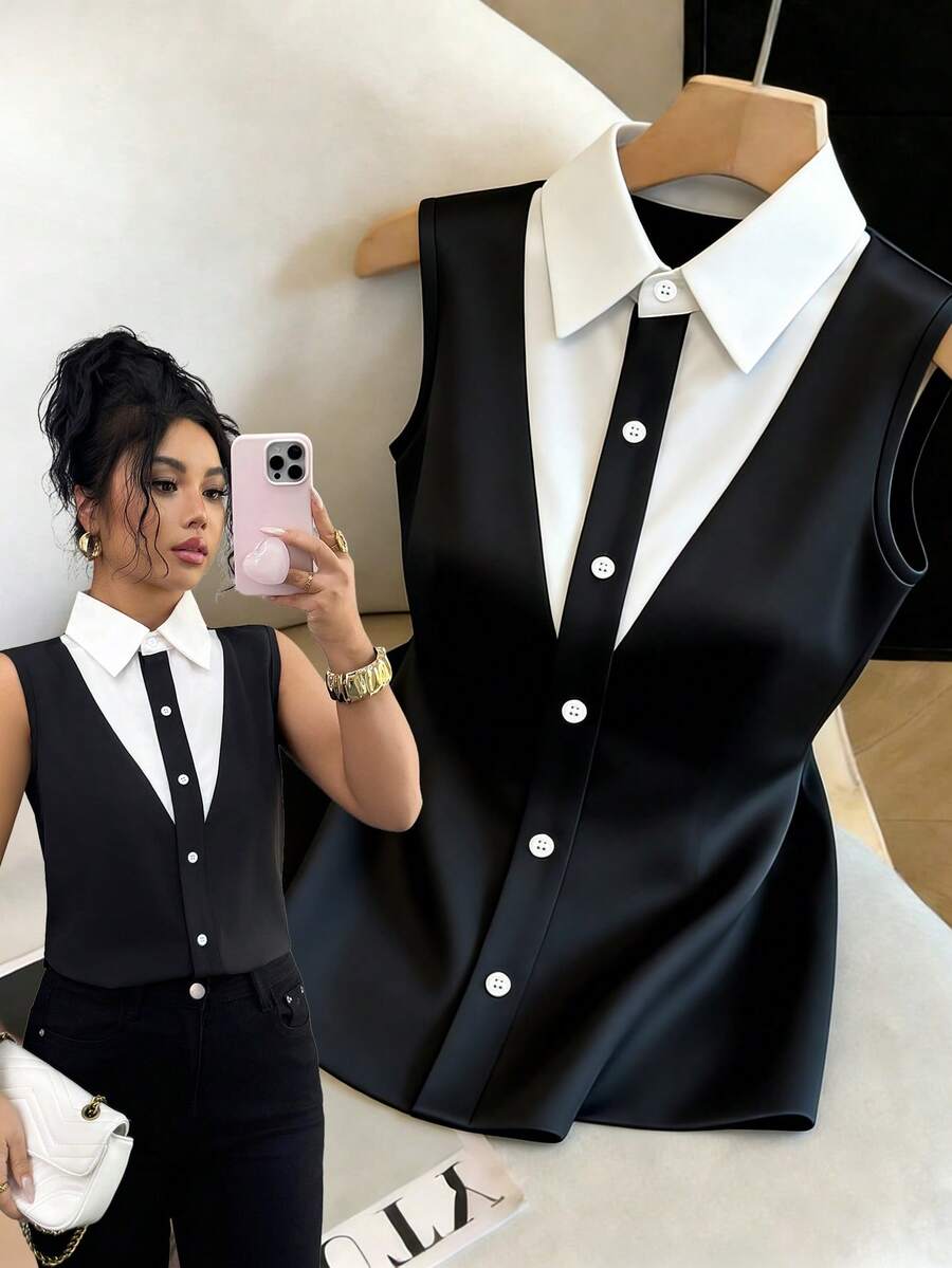 Selianne Women's Elegant Commuter Casual Black & White Collared V-Neck Single-Breasted Button Sleeveless Fitted Blouse, Spring/Summer - Black and White - View 1