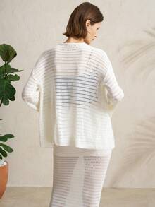 Airaco 女士休闲度假简约宽松针织镂空开衫半裙套装，春夏款 - 米色 - 查看 2