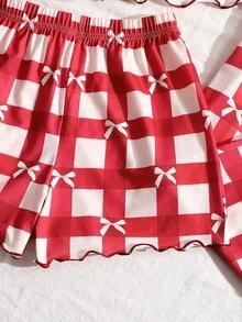 SHEIN 3件套女童睡衣套装，可爱蝴蝶结印花背心、格子短裤和长裤，适合情人节，红色 - 紅白色 - 查看 5