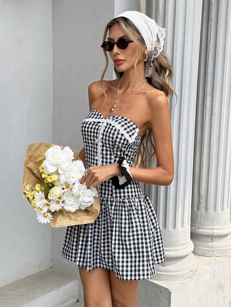 Pariaura 女士优雅格子拼接荷叶边迷你连衣裙 - 黑色 - 查看 1