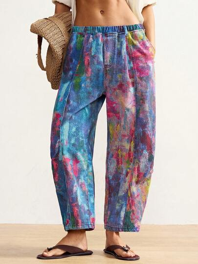 Bohemela Women's Loose-Fitting Low-Rise Graffiti Colorful Print Casual Jeans Y2K Bohemian Style, Music Festival Summer Spring Women Beach For Women Summer Holidays