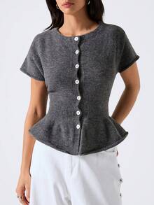 LYSMO Women's Chic Dark Grey Short Sleeve Knit Sweater Top For Autumn Brunch,Minimalism Crew Neck Ruched Front Button Pleated Hem Solid Casual - Grey - View 4