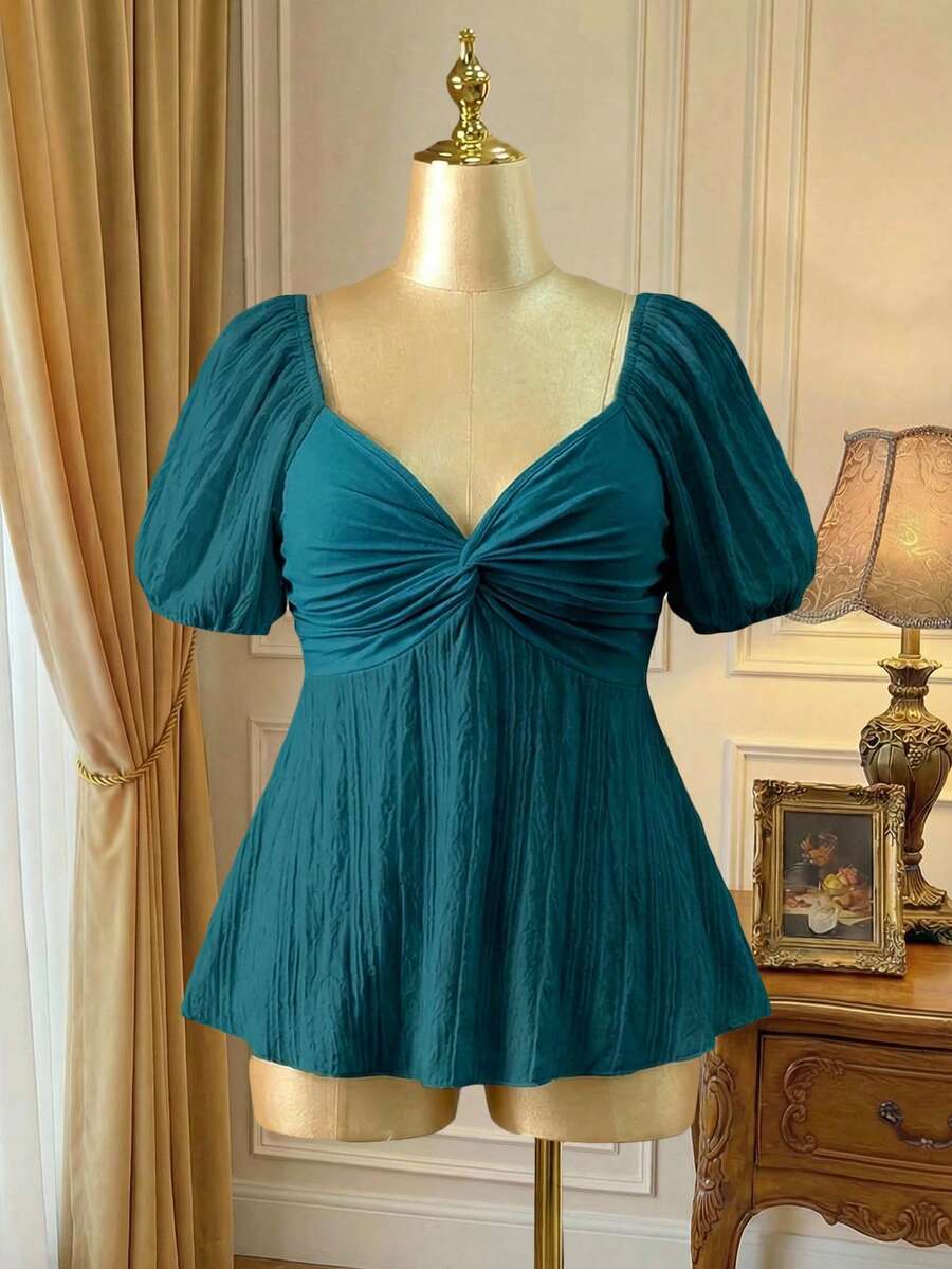 Rometta Áo thun nữ tay ngắn dệt kim jacquard họa tiết xoắn ngực cỡ lớn màu trắng - Màu xanh ngọc - Xem 1