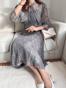 FRIFUL 女士深灰色薄纱蕾丝系带腰身两件套，商务休闲假日装扮 - 灰色 - 查看 7