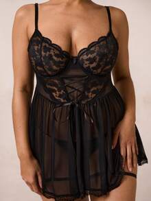 SHEIN BAE Bộ đồ lót lưới ren gợi cảm cỡ lớn cho nữ 4 món có gọng, 2 tất cao đến đùi và quần lọt khe - màu đen - Xem 6
