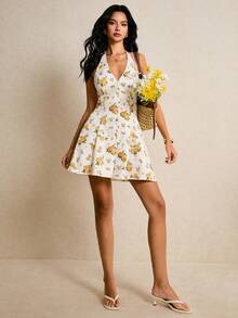 Poéselle Robe dos nu à col ras-du-cou avec imprimé floral sexy et élégante, convient pour les vacances d'été - Jaune citron - Voir 2