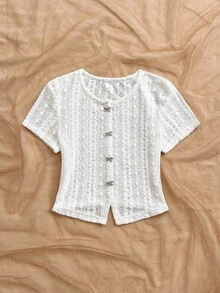 Soleia 女士度假杏色和白色纹理针织圆领开衫，饰有精致蝴蝶结和金属纽扣，修身下摆开衩，适合度假、约会、下午茶、海滩、邮轮、城市旅行、音乐节、波西米亚风度假等场合。 - 白色 - 查看 4