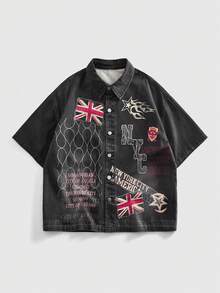 ROMWE MEN Street Life 男士休闲时尚街头英国国旗标语印花水洗短袖牛仔衬衫，夏季 - 黑色 - 查看 1