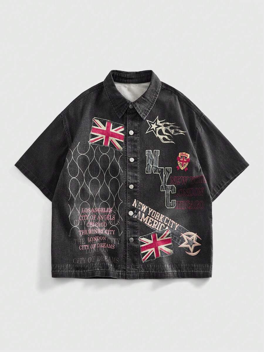 ROMWE MEN Street Life 男士休闲时尚街头英国国旗标语印花水洗短袖牛仔衬衫，夏季 - 黑色 - 查看 1