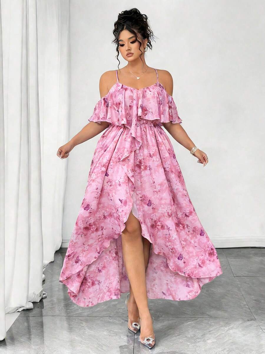 SHEIN Elenzya Đầm maxi không tay dáng xòe bất đối xứng in hoa, xếp nếp, hở vai, cỡ lớn, thanh lịch và lãng mạn cho kỳ nghỉ, mùa xuân/hè. - Hồng - Xem 1