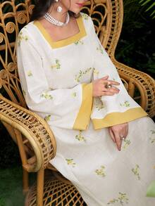 Yasmyna Square Neck Yellow Contrast Embroidered Traditional Arabic Long Robe - Multicolor - View 7