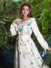 Modelyn 长袖印花连衣裙，配腰带 - 彩色 - 查看 6