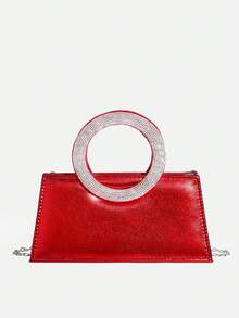 SHECARRY 女士手提包，晚宴包，红色包包，圆形水钻手柄，时尚，优雅，简约，个性化，百搭，经典，适合鸡尾酒会、派对、舞会、俱乐部、约会、生日、晚宴、宴会、新年、情人节等场合 - 玫瑰紅 - 查看 3