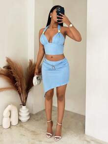 BamGleam Women's Metal Buckle Textured Fabric Halter Neck Camisole, Spring/Summer - Blue - View 4