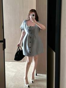 Vibekara Vestido casual de manga corta talla grande, vestido de primavera - Blanco y Negro - Ver 4