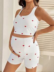 SHEIN 2件套孕妇爱心印花露脐背心和短裤套装，休闲款 - 白色 - 查看 5