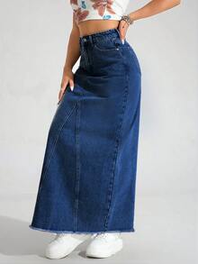 SHEIN ICON Plus Size Women Solid Color Washed Denim Mini Skirt, Autumn/Winter - Dark Wash - View 1