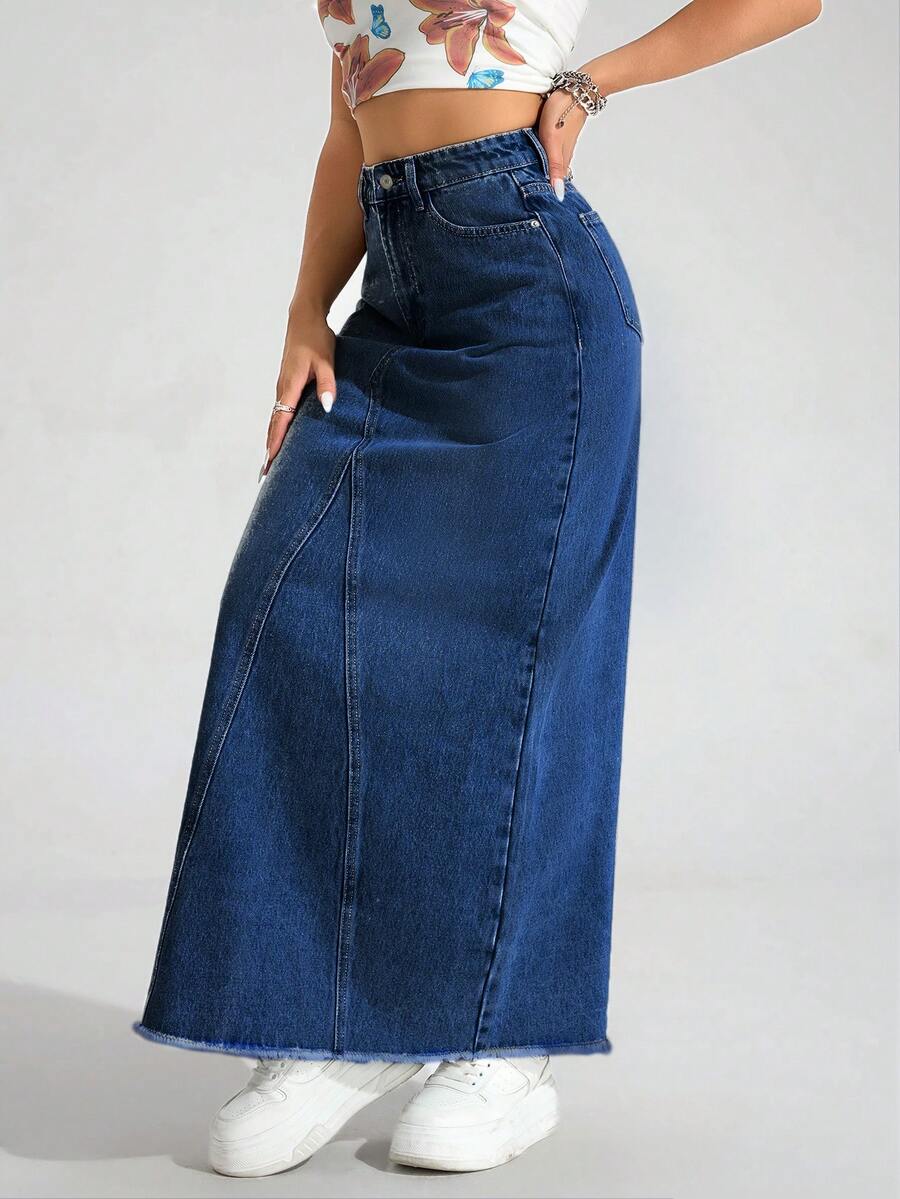 SHEIN ICON Plus Size Women Solid Color Washed Denim Mini Skirt, Autumn/Winter - Dark Wash - View 1