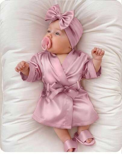 Conjunto de bata rosa, pantuflas y gorro para recién nacida, atuendo para sesión de fotos