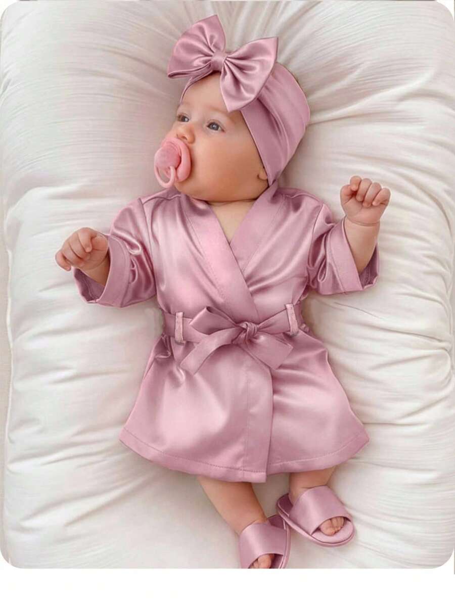 Cute Pink Pajamas, Slippers, And Hat For Newborn Girls - 3-Piece Photography Prop Set. Buy One Get Two Free! Affordable And Comfortable 3-Piece Newborn Baby Set, Featuring A Cute Pink Bow-Tie Pajamas, Slippers, And A Hat, Perfect For Casual Home Wear. - Multicolor - View 1