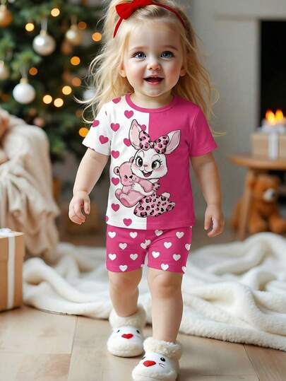 2件套女童可爱卡通兔子爱心印花圆领针织弹力短袖上衣和配套爱心印花紧身短裤休闲家居服套装