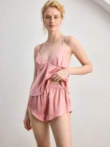 Ocili Bộ đồ ngủ nữ thoải mái, màu trơn gồm áo hai dây và quần short. - Hồng - Xem 6