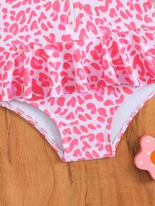 SHEIN 女婴可爱粉色豹纹荷叶边连体泳衣，适合夏季海滩度假 - 粉色 - 查看 4