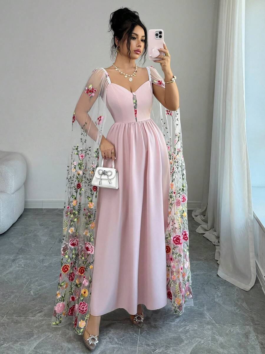 Elenzga 女士花卉刺绣网纱拼接优雅吊带连衣裙，适合度假、派对、约会的优雅夏季连衣裙 - 粉色 - 查看 1