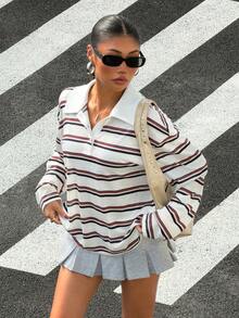 Muchica 女士条纹针织 Polo 领落肩长袖休闲 T 恤 - 彩色 - 查看 5