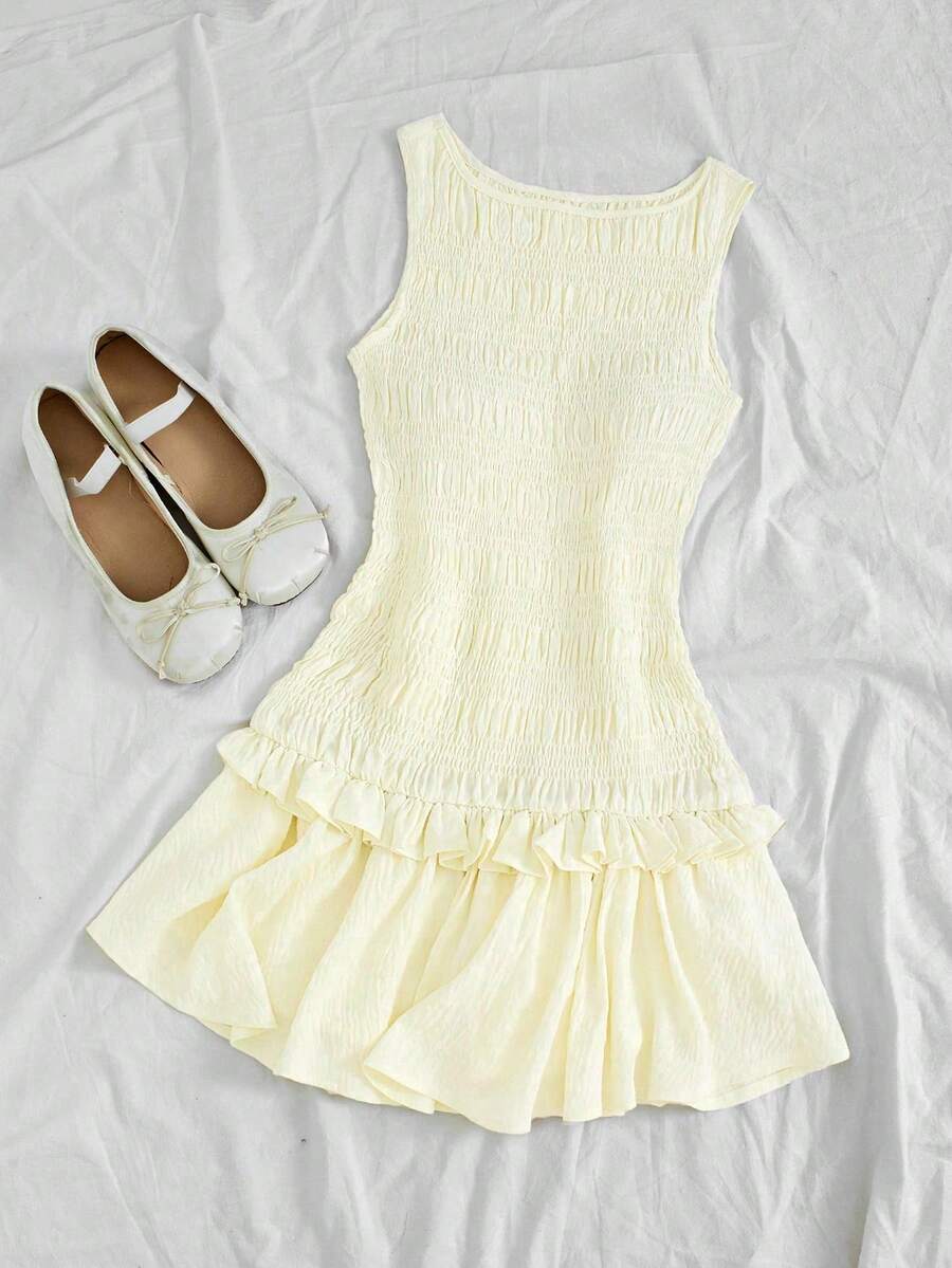 Elamini Vestido mini con volantes en el bajo, color albaricoque, para verano - Amarillo claro - Ver 1