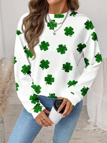 SHEIN LUNE Sudadera holgada de mujer con estampado gráfico de trébol de cuatro hojas para el Día de San Patricio - Fiestas festivas, primavera, vacaciones de primavera - Multicolor - Ver 9
