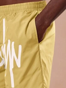 SUMWON Quần bơi nam màu vàng mù tạt in họa tiết và logo chữ viết tay, thích hợp cho kỳ nghỉ hè, đi hồ bơi. - Màu vàng - Xem 6