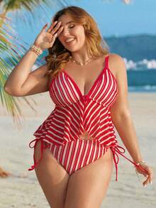Swim Lushoire 2026 New Summer Beach Vacation Red & White Striped Knit Fabric Casual, Plus Size Women Spaghetti Strap Tankini Swimwear Set - Red - View 1