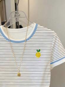 SHEIN Camiseta de mujer de manga corta, cuello redondo y rayas, de estilo casual para el verano - Multicolor - Ver 3