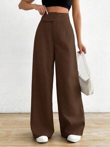 Chiquease Quần dài nữ dáng suông, màu trơn, cạp lệch, thích hợp đi làm hàng ngày. - Cà phê nâu - Xem 6